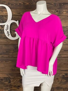 Entro | Babydoll Bright Neon Hot Pink V-Neck Ruffle Peplum Top Rolled Cuff‎